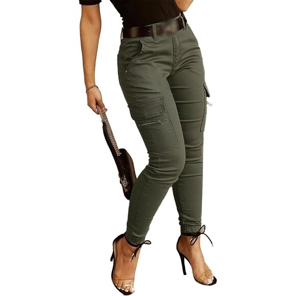 Women Skinny Cargo Pants Mid Waist Slim Fit Multi-Pocket Jogger for Casual Wear